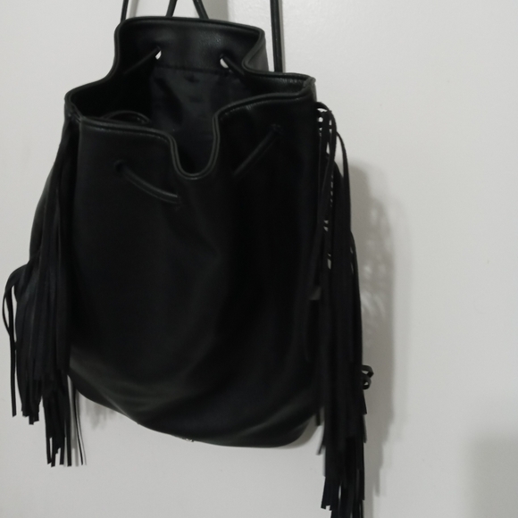 Victoria Secret black Drawstring Backpack With Fringe down both sides main image 8